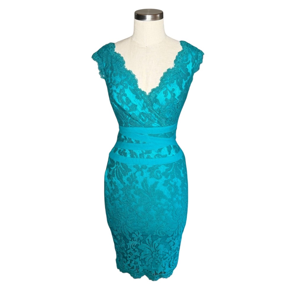 TADASHI SHOJI Vibrant Teal V-Neck Embroidered Lace Cocktail Midi Dress Size 2